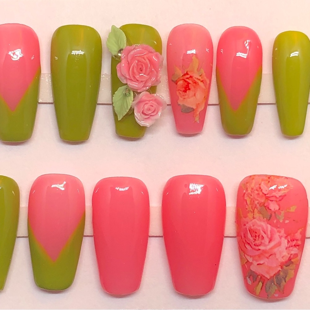 Custom Handmade Press On Nails UV Gel Long Coffin Pink Spring Roses Summer Nails - Picture 5 of 9